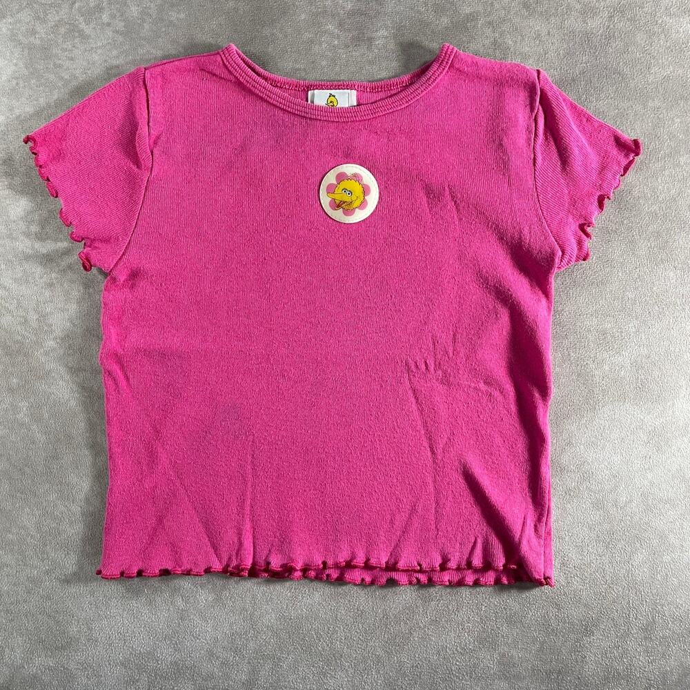 Girls 00's Sesame Street T-Shirt Big Bird Flower Hot Pink 100 Cotton Size 4T